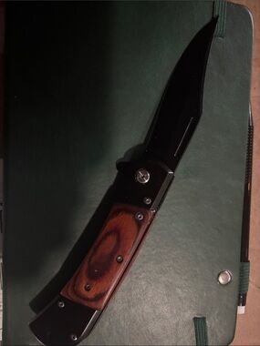 edge Black Blade Folding Knife with Brown Wood Handle